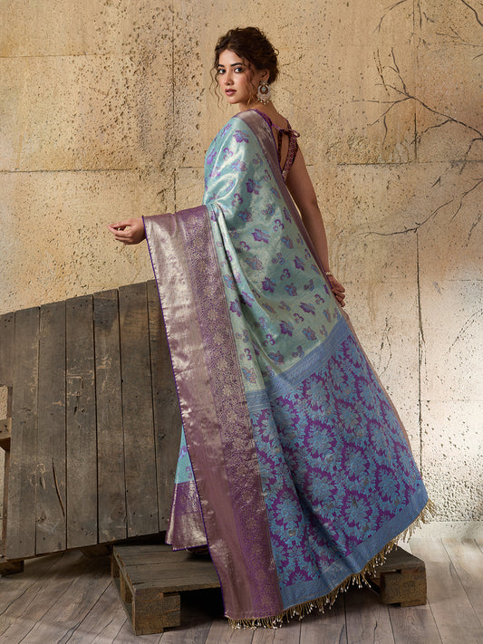 Sky Blue Soft Silk Saree with Woven Zari Pallu and Unstitched Blouse
