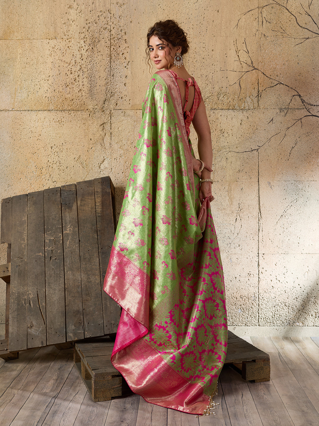 Green Soft Silk Saree with Woven Zari Pallu and Unstitched Blouse