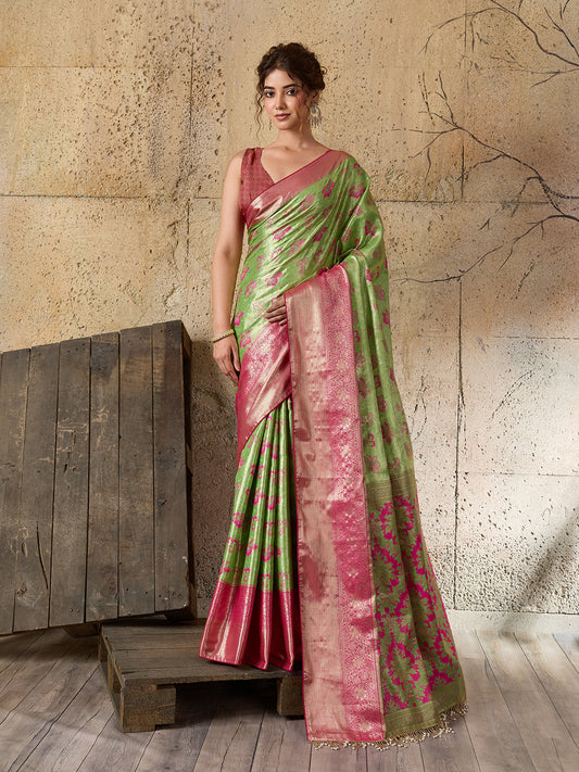 Green Soft Silk Saree with Woven Zari Pallu and Unstitched Blouse