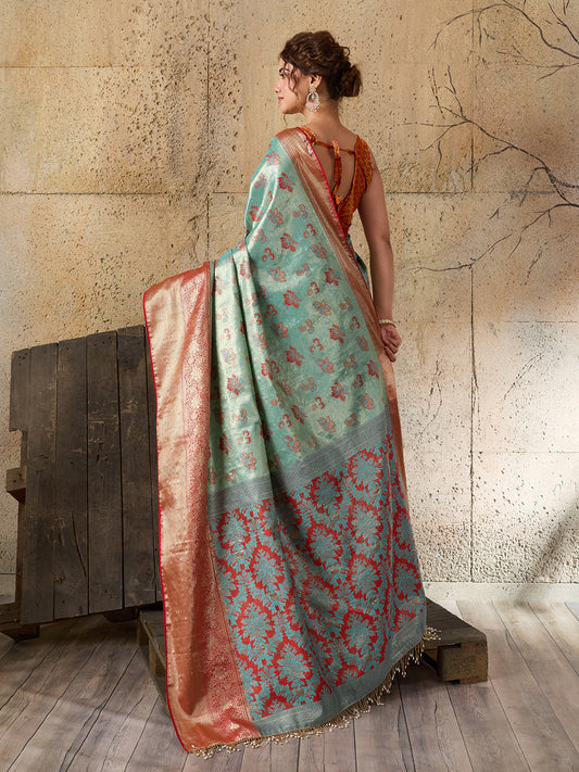 Sea Green Soft Silk Saree with Woven Zari Pallu and Unstitched Blouse