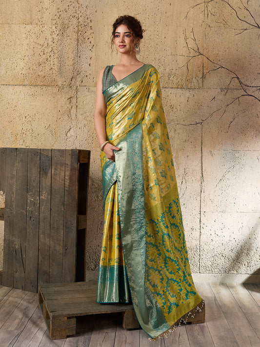 Mustard Soft Silk Saree with Woven Zari Pallu and Unstitched Blouse