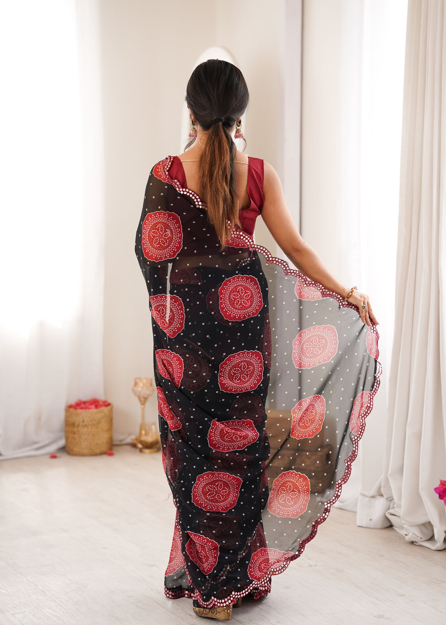 Black Georgette Bandhani Printed Saree