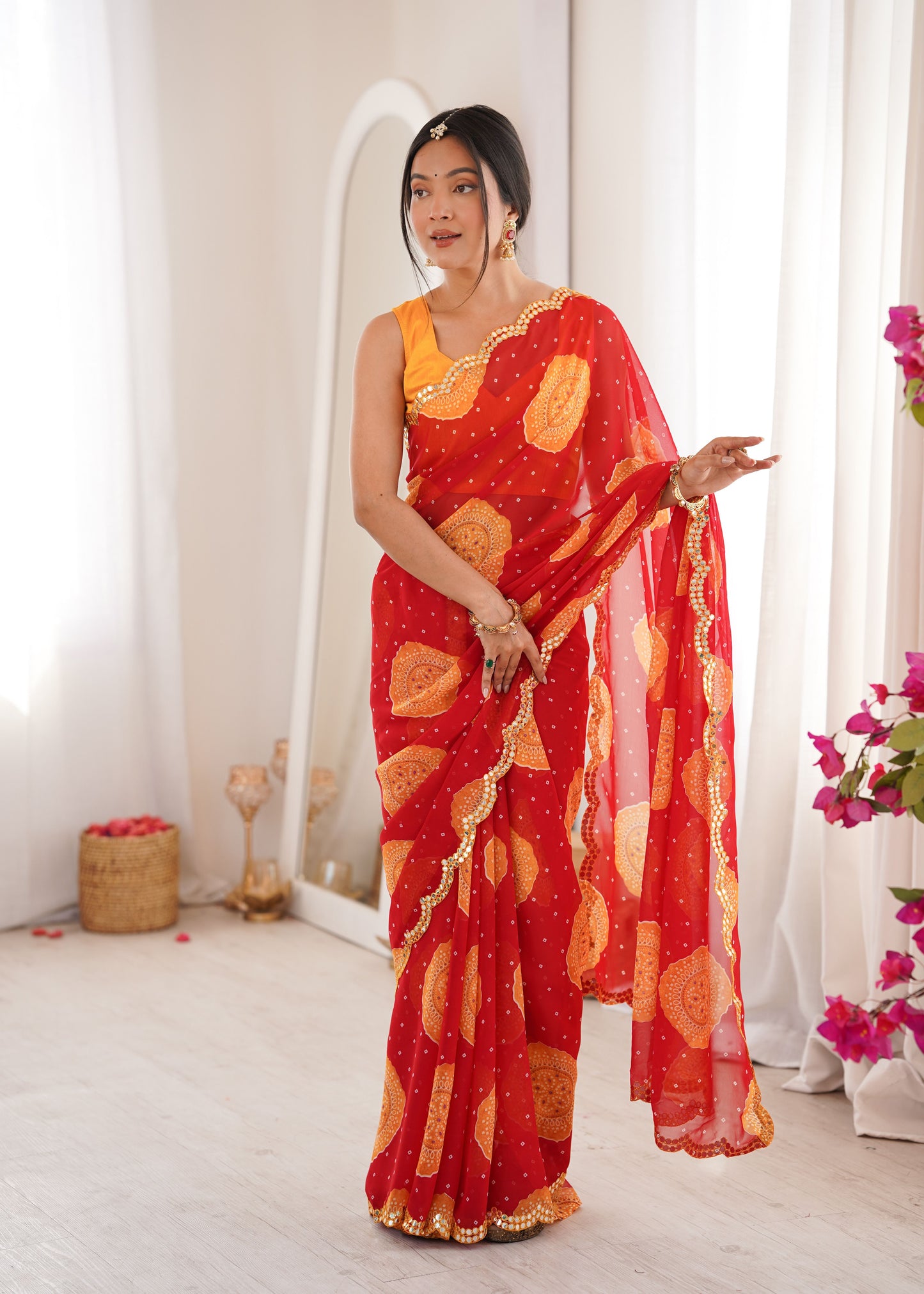 Red Georgette Bandhani Printed Saree