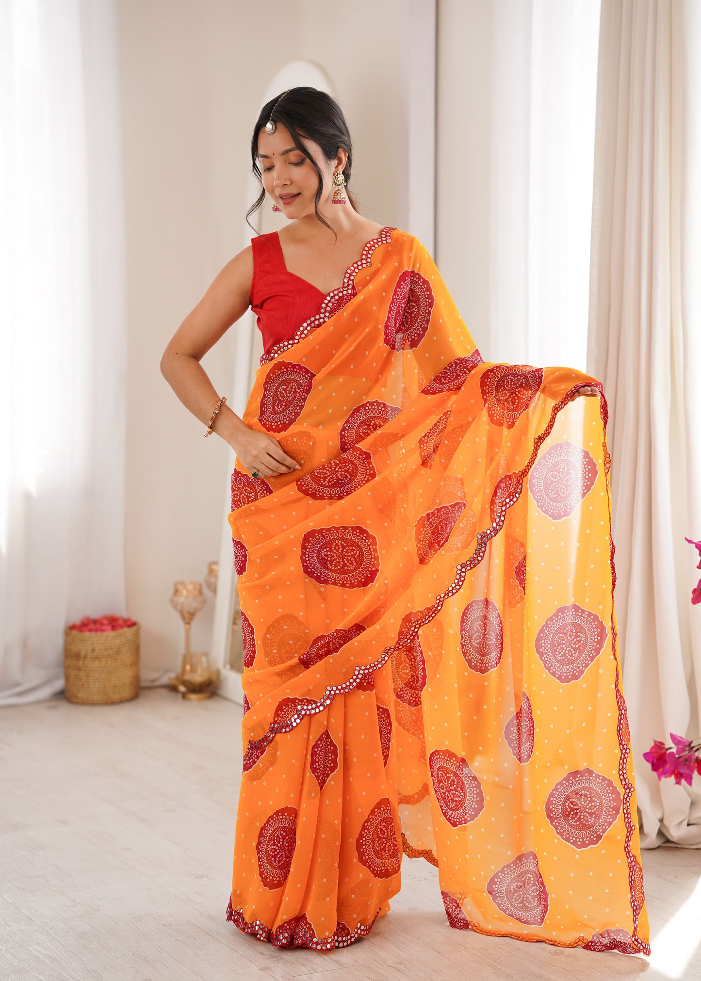 Orange Georgette Bandhani Printed Saree