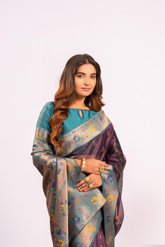 Wine Tissue Silk Woven Jari Saree