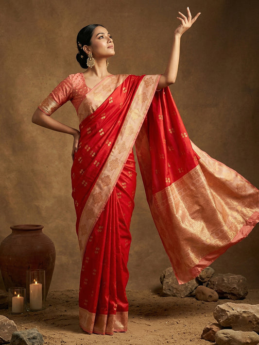 Red Soft Silk Saree with Unstitched Blouse