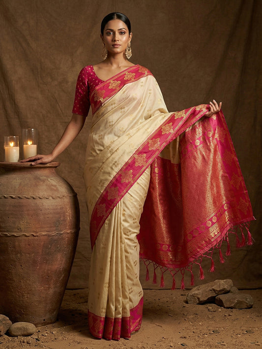 Cream Soft Silk Saree with Unstitched Blouse