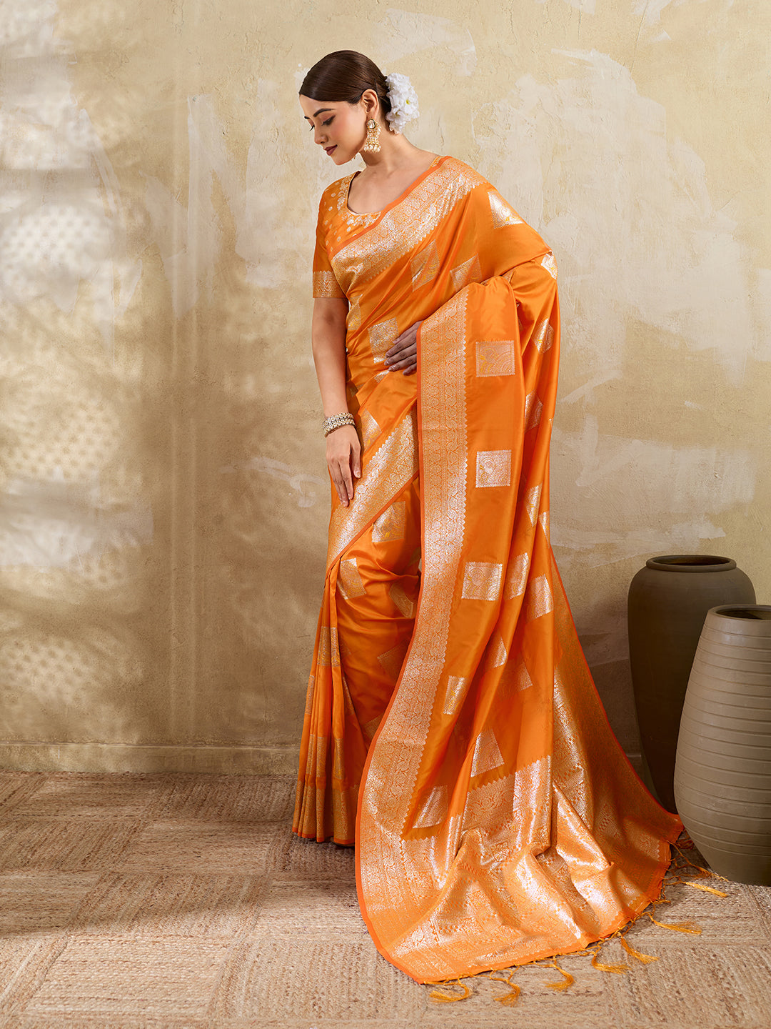 Orange Silk Blend Woven Designer Saree