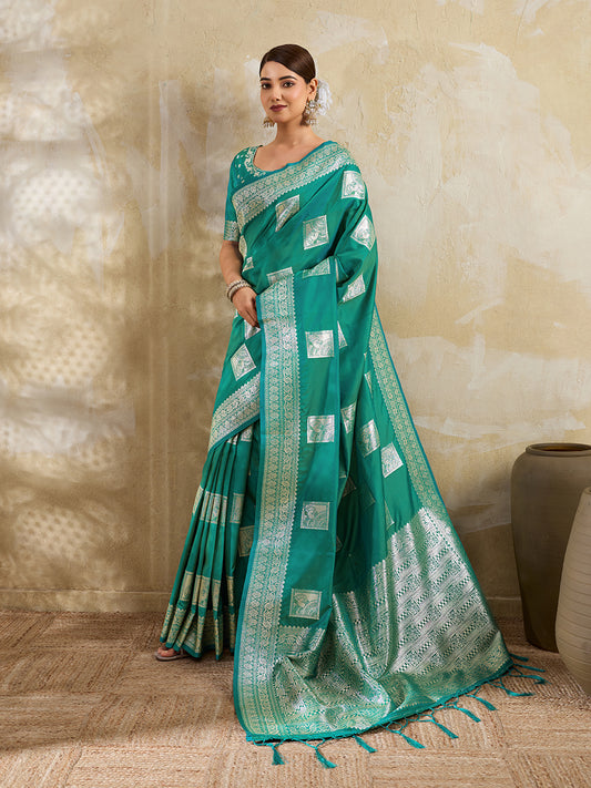 Sea Green Silk Blend Woven Designer Saree