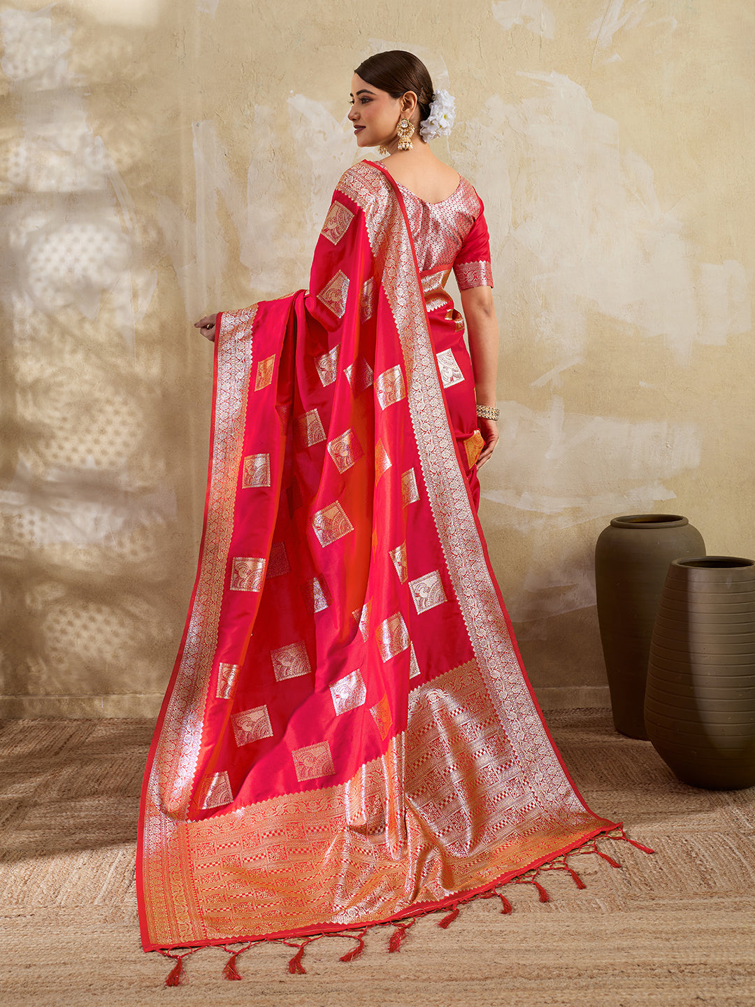Red Silk Blend Woven Designer Saree