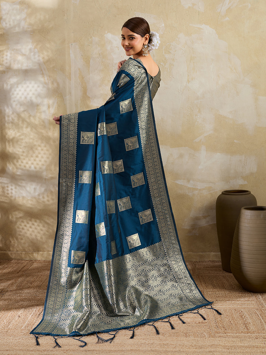 Teal Blue Silk Blend Woven Designer Saree