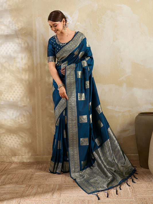 Teal Blue Silk Blend Woven Designer Saree