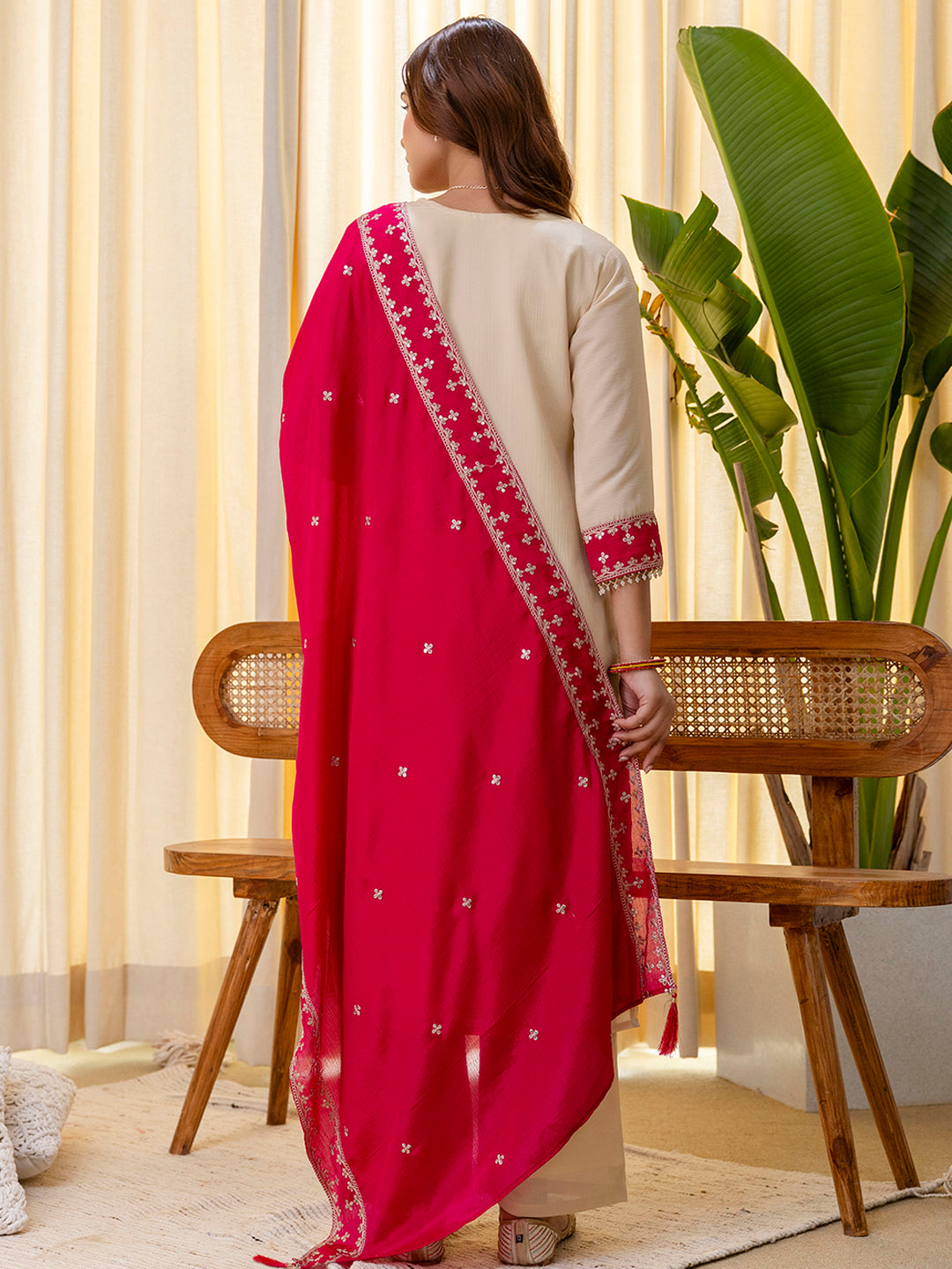 Cream Silk Blend Suit Set with Dupatta