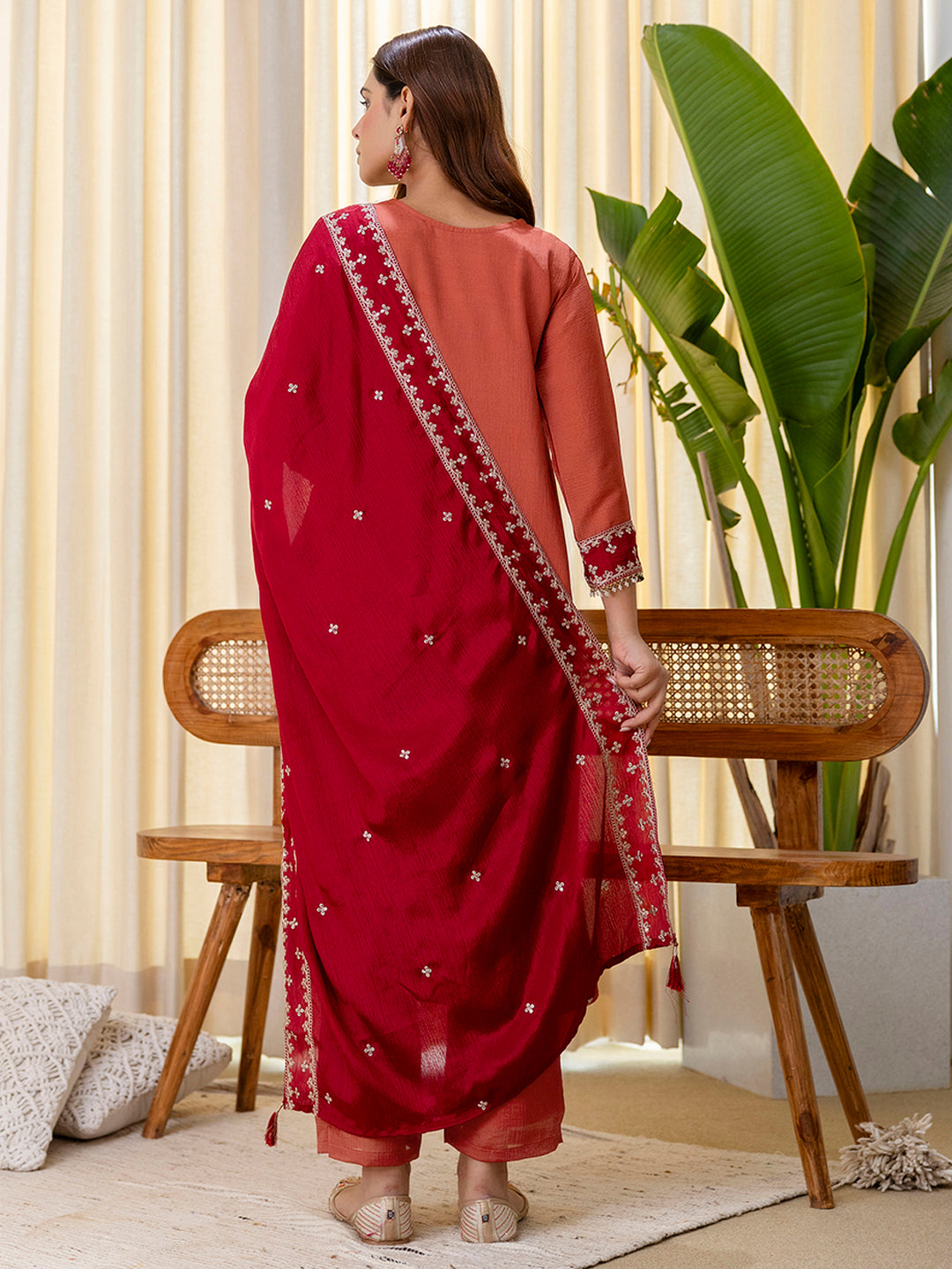Peach Silk Blend Suit Set with Dupatta