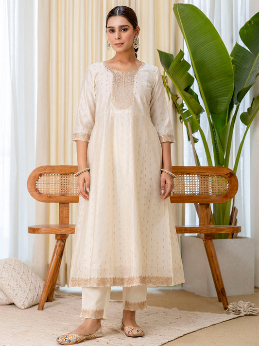 Cream Silk Blend Suit Set with Dupatta