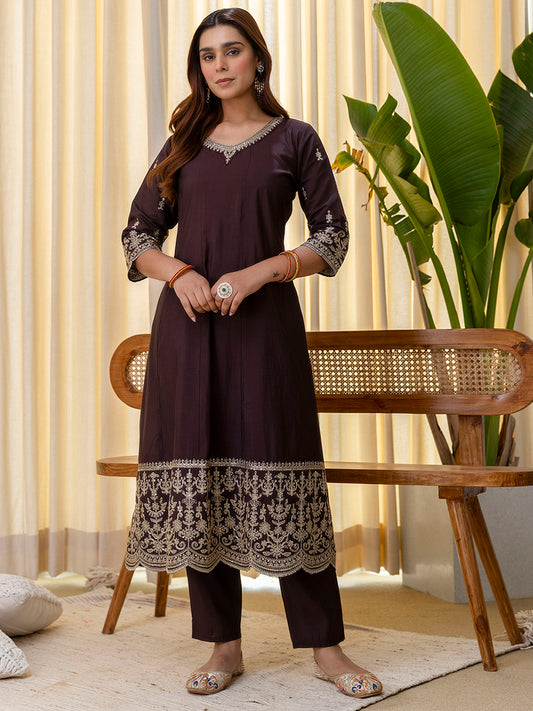 Coffee Color Silk Blend Suit Set with Dupatta