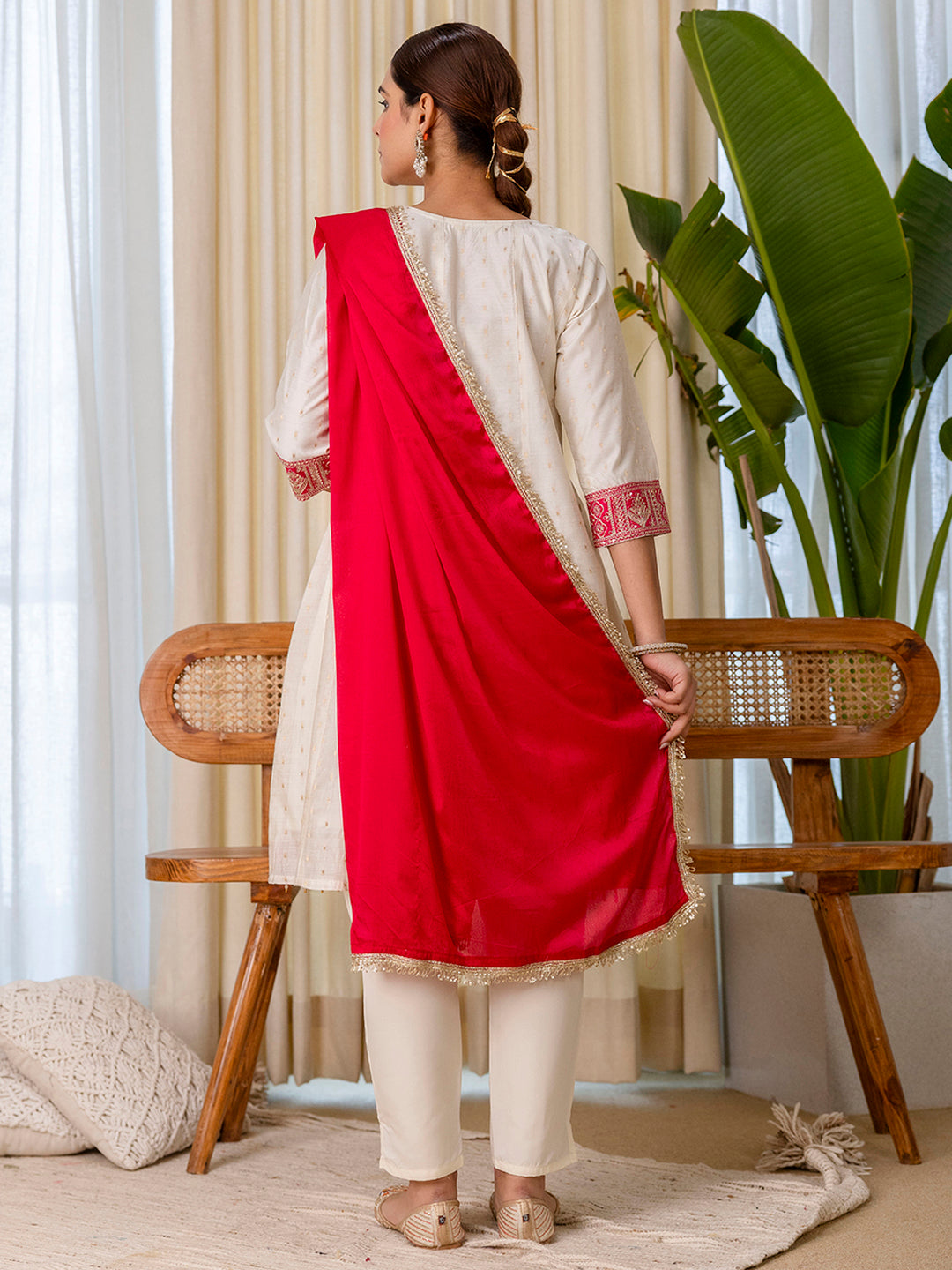 Off White Silk Blend Suit Set with Dupatta