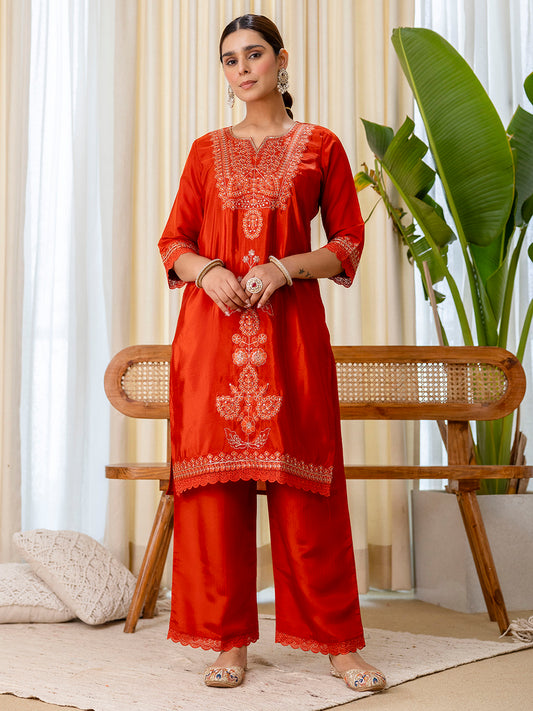 Rust Silk Blend Suit Set with Dupatta