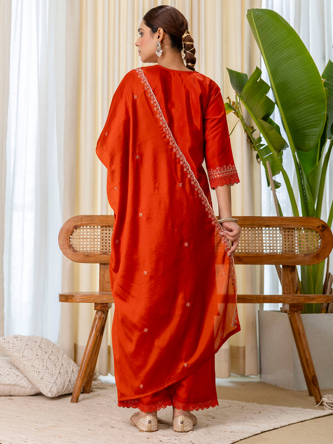 Rust Silk Blend Suit Set with Dupatta