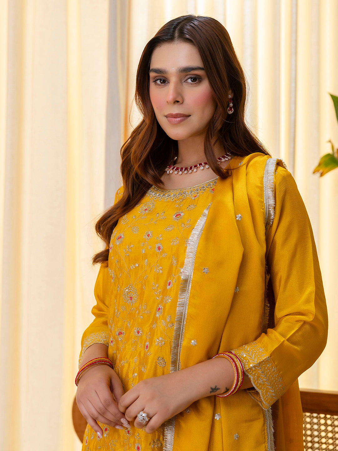 Mustard Silk Blend Suit Set with Dupatta