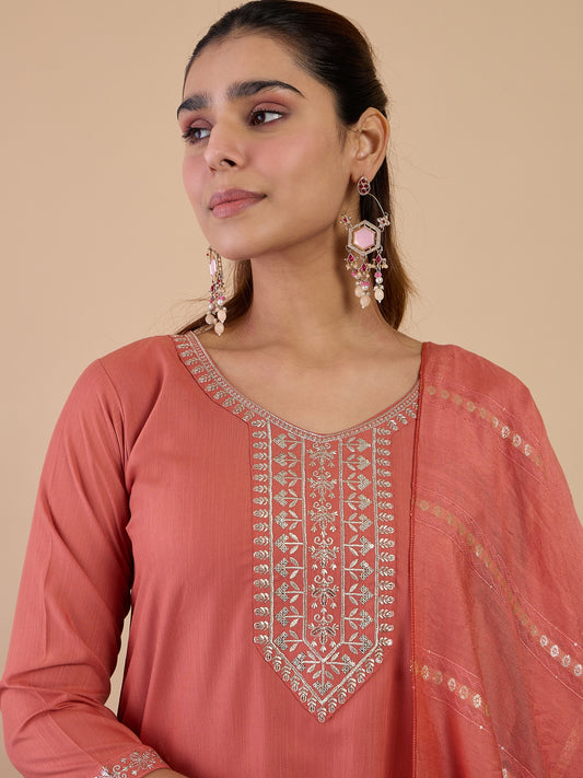 Peach Cotton Blend Suit Set with Dupatta