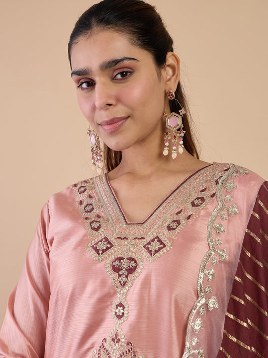 Peach Silk Blend Suit Set with Dupatta
