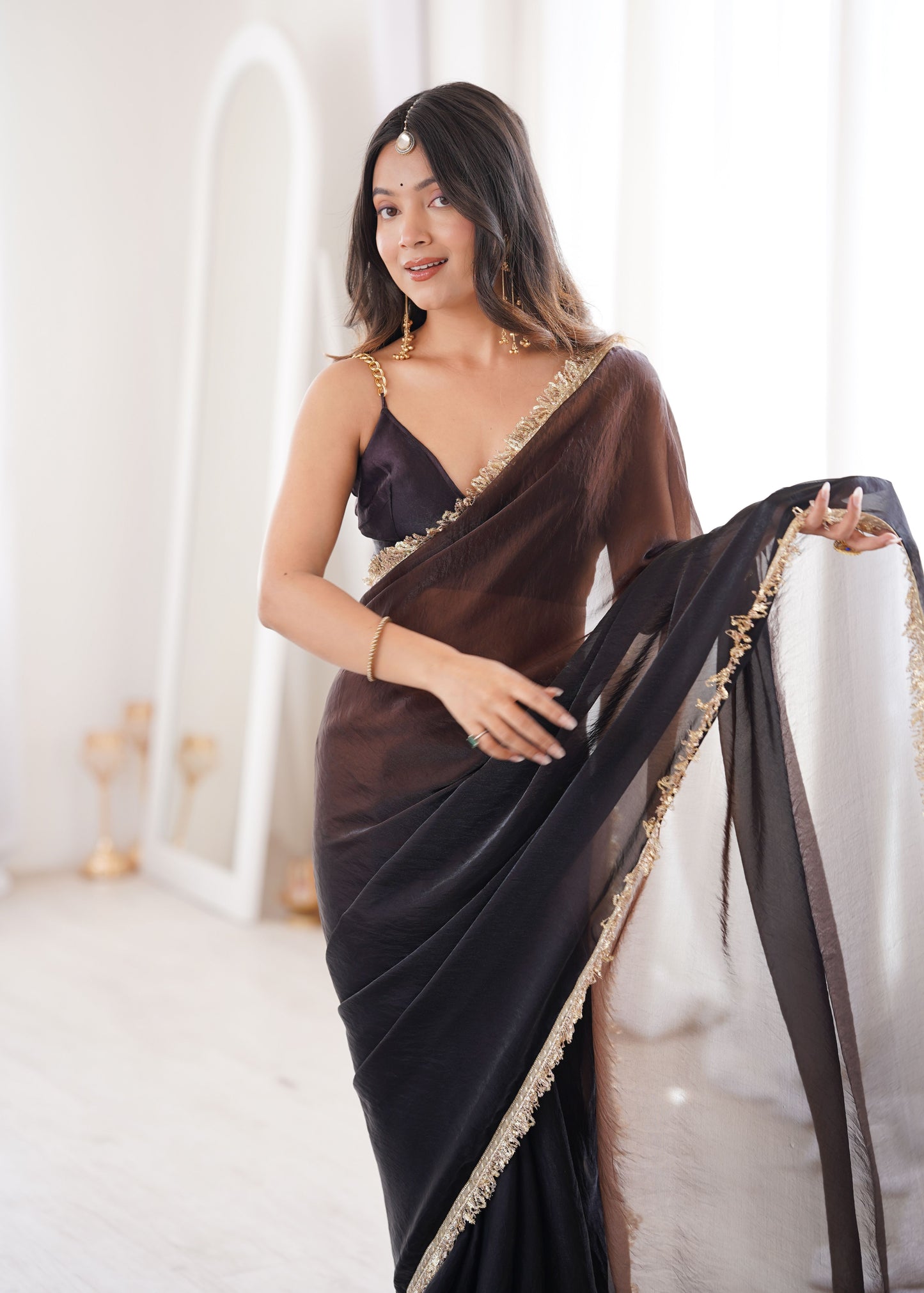 Black Fendi Satin Double Shaded Saree