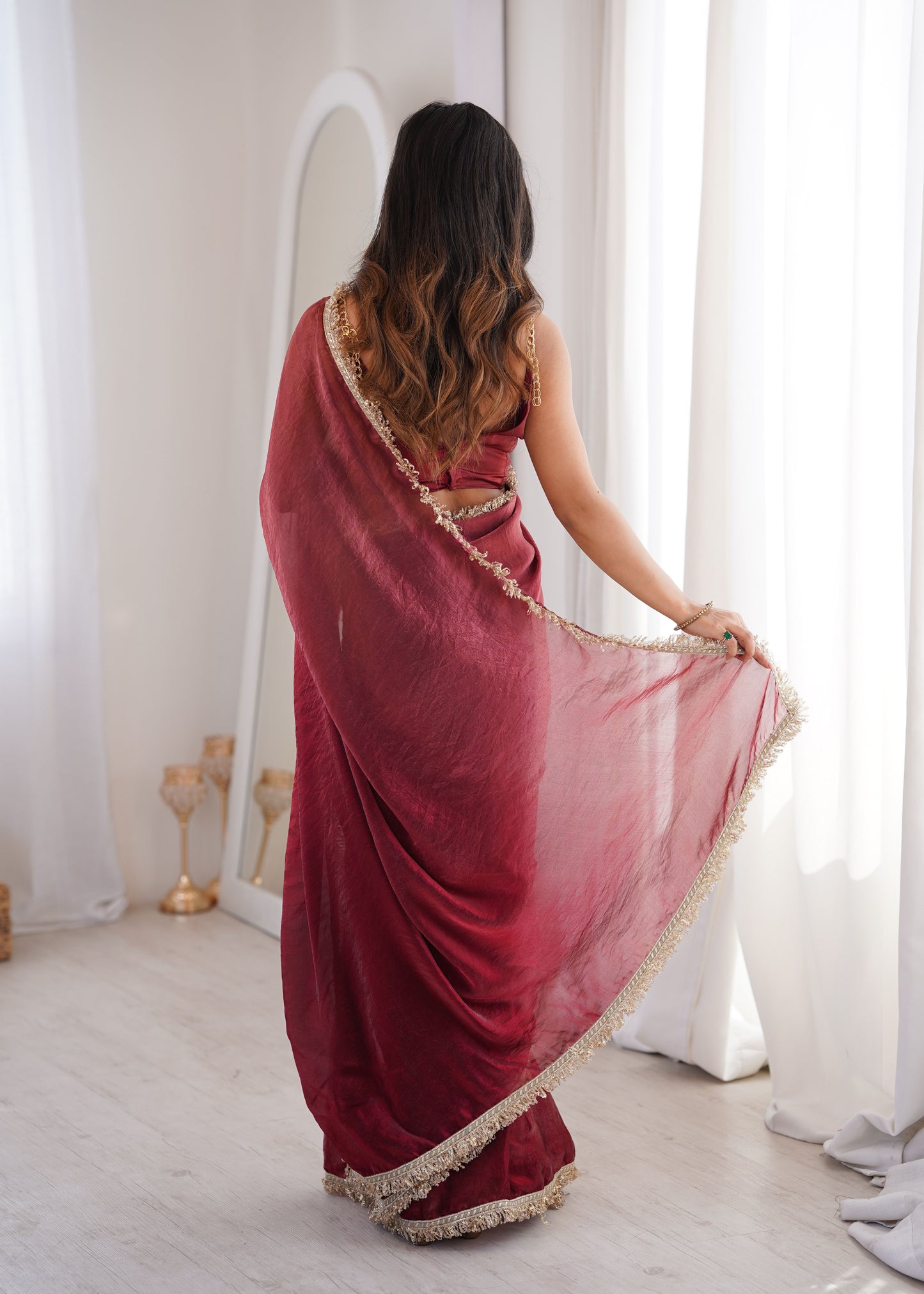 Maroon Fendi Satin Double Shaded Saree
