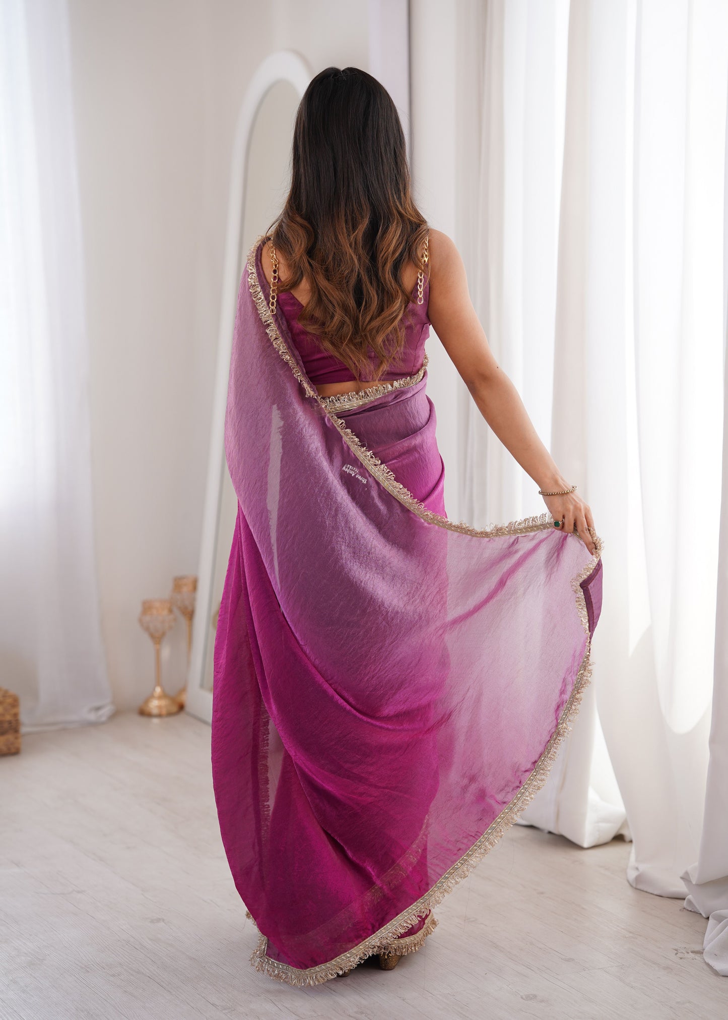 Wine Fendi Satin Double Shaded Saree