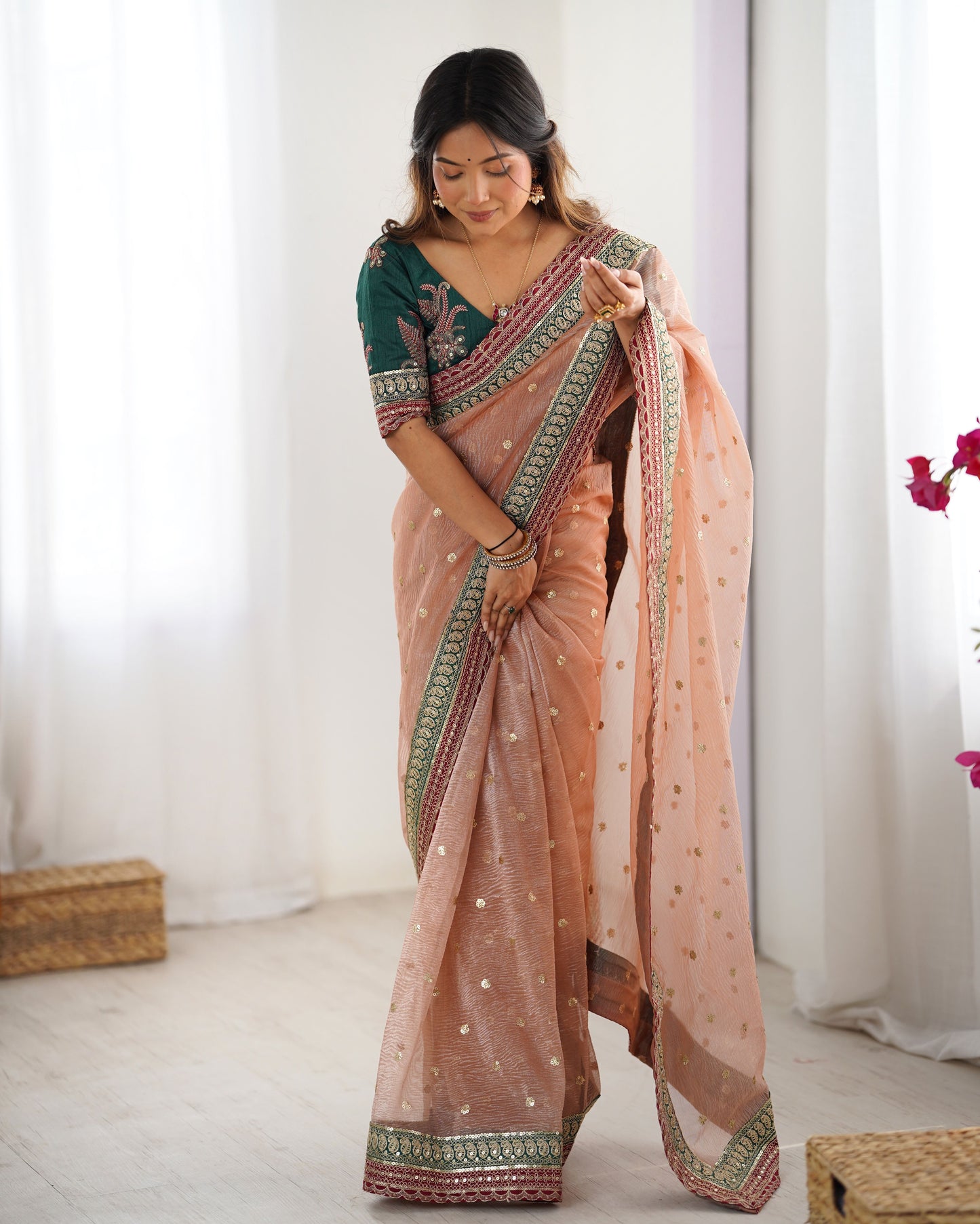 Peach Banarasi Crush Diamond Silk Saree