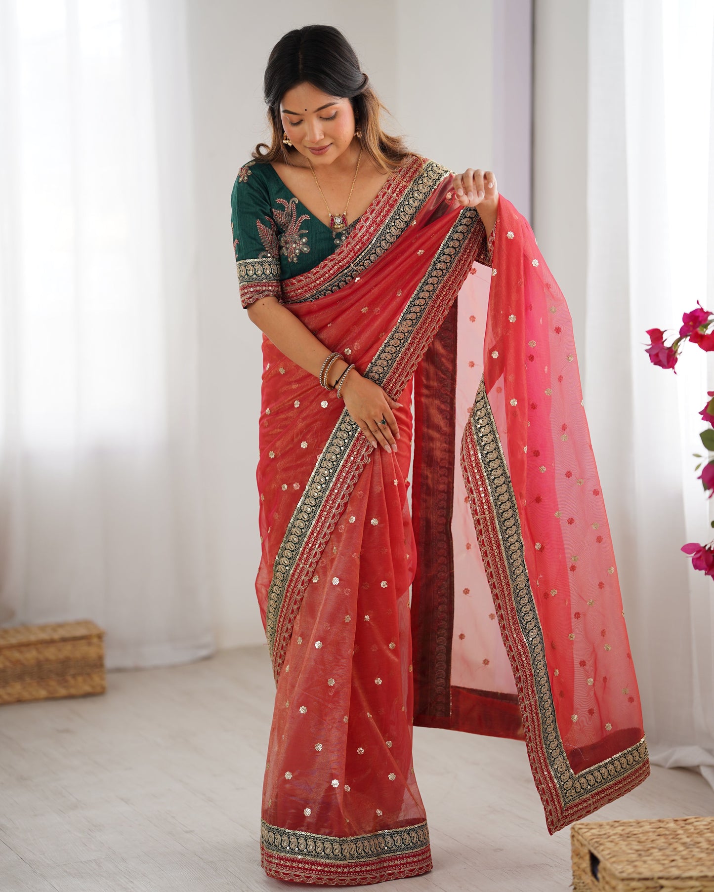 Red Banarasi Crush Diamond Silk Saree