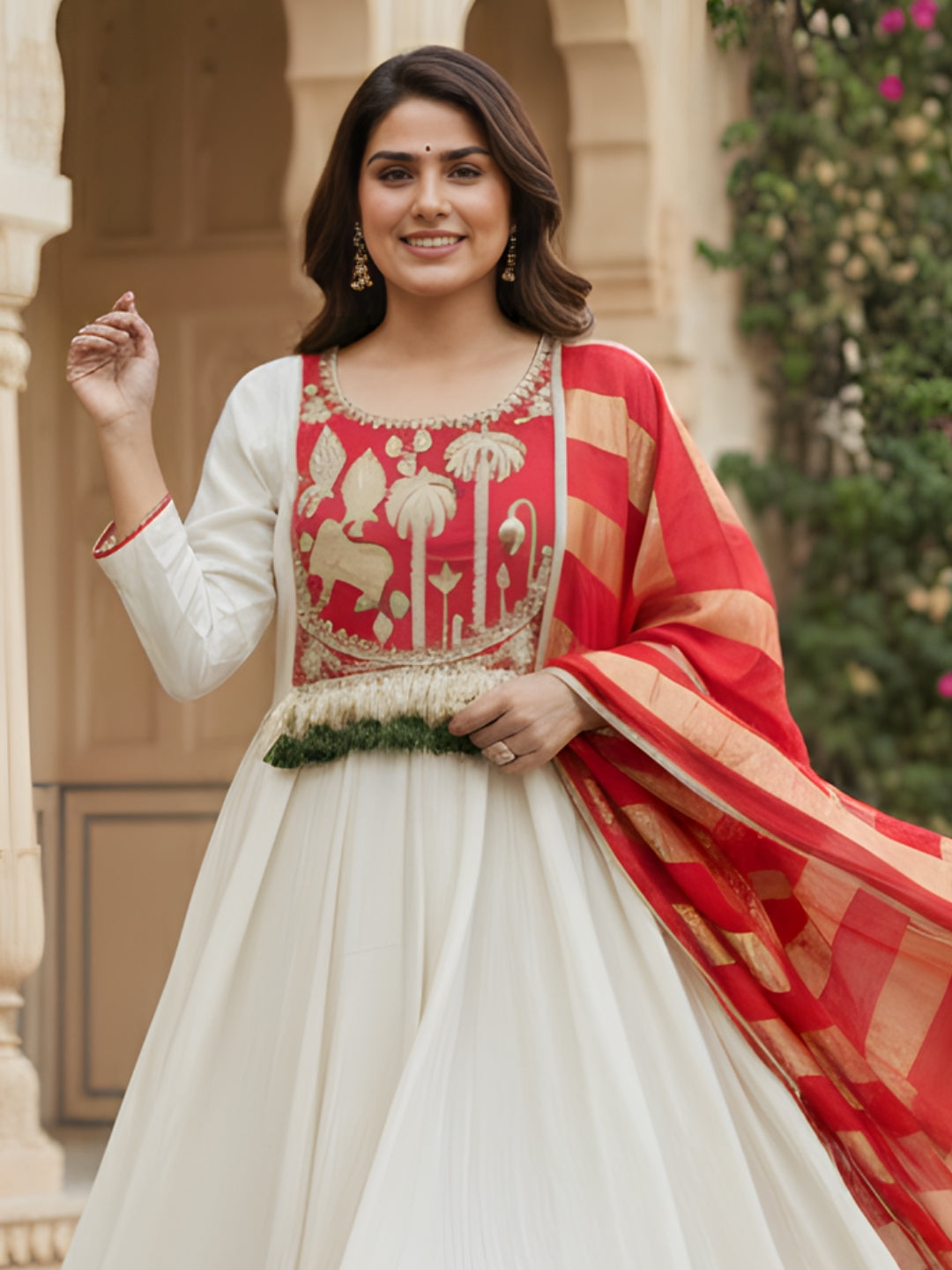 Off White Silk Suit Set with Jacquard Silk Dupatta