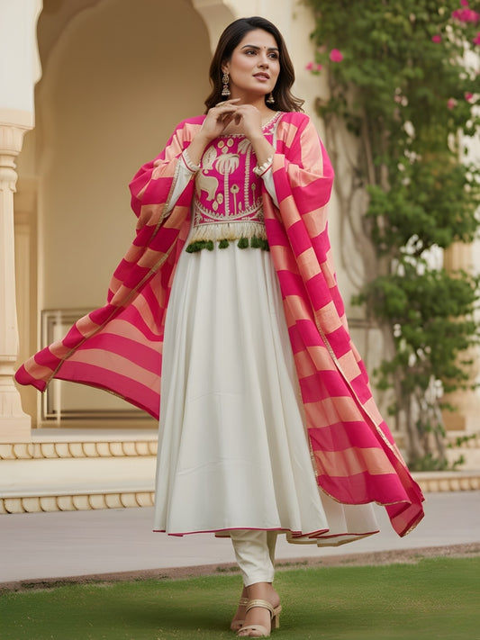 Off White Silk Suit Set with Jacquard Silk Dupatta