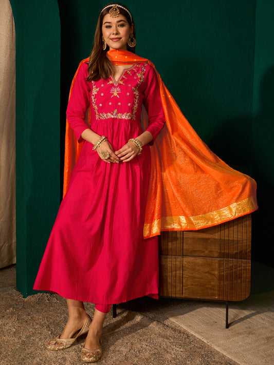 Red Silk Suit Set with Viscose Jacquard Dupatta