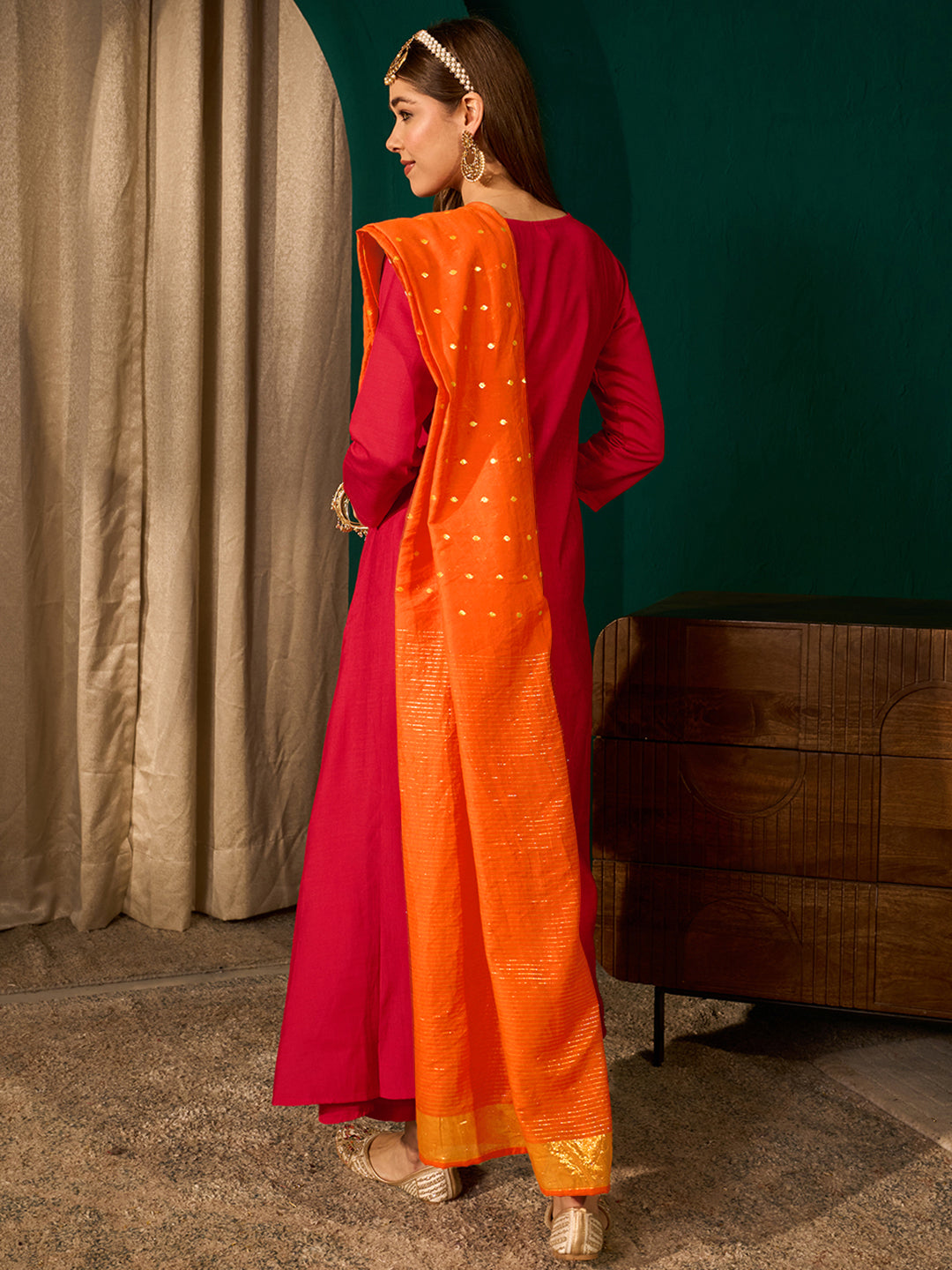 Red Silk Suit Set with Viscose Jacquard Dupatta
