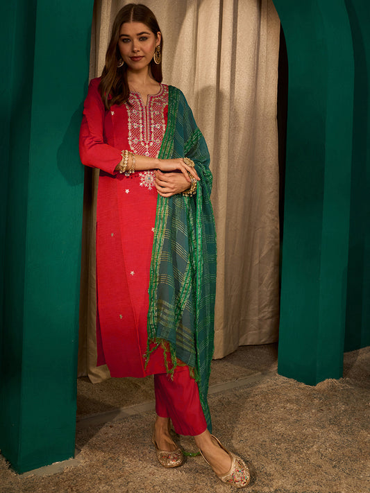 Red Silk Suit Set with Viscose Jacquard Dupatta