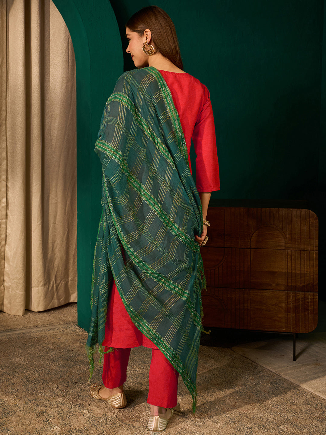 Red Silk Suit Set with Viscose Jacquard Dupatta