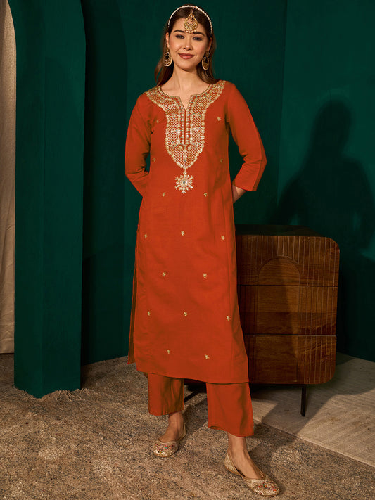 Rust Silk Suit Set with Viscose Jacquard Dupatta