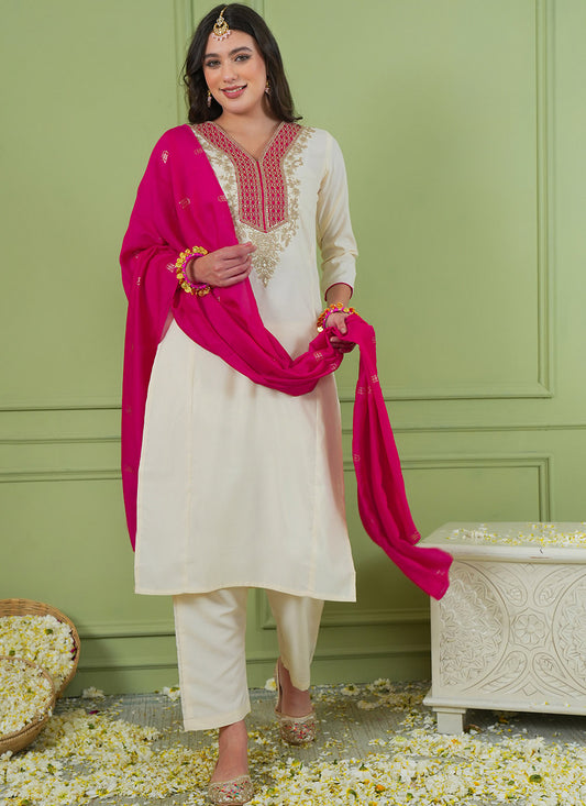 Off White Silk Suit Set with Jacquard Silk Dupatta