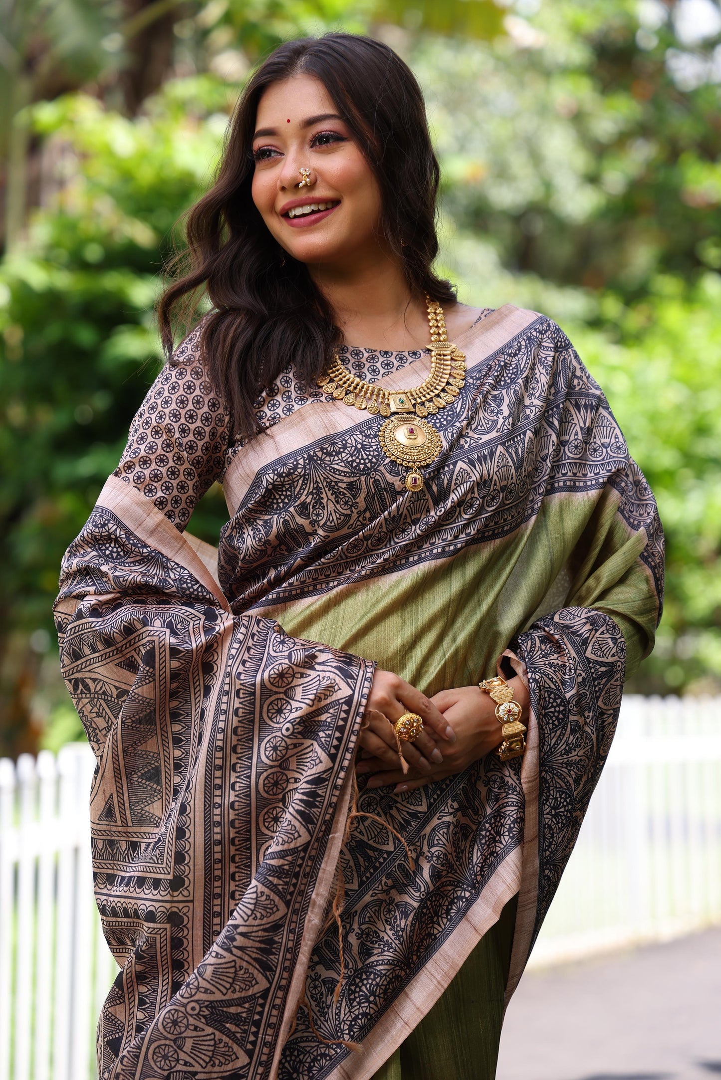 Green Tussar Silk Madhubani Printed Saree with Unstitched Blouse