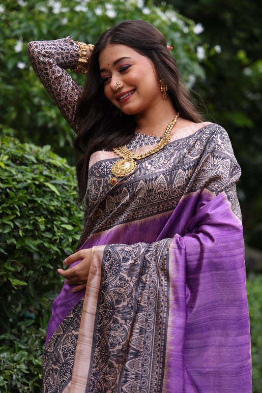 Purple Tussar Silk Madhubani Printed Saree