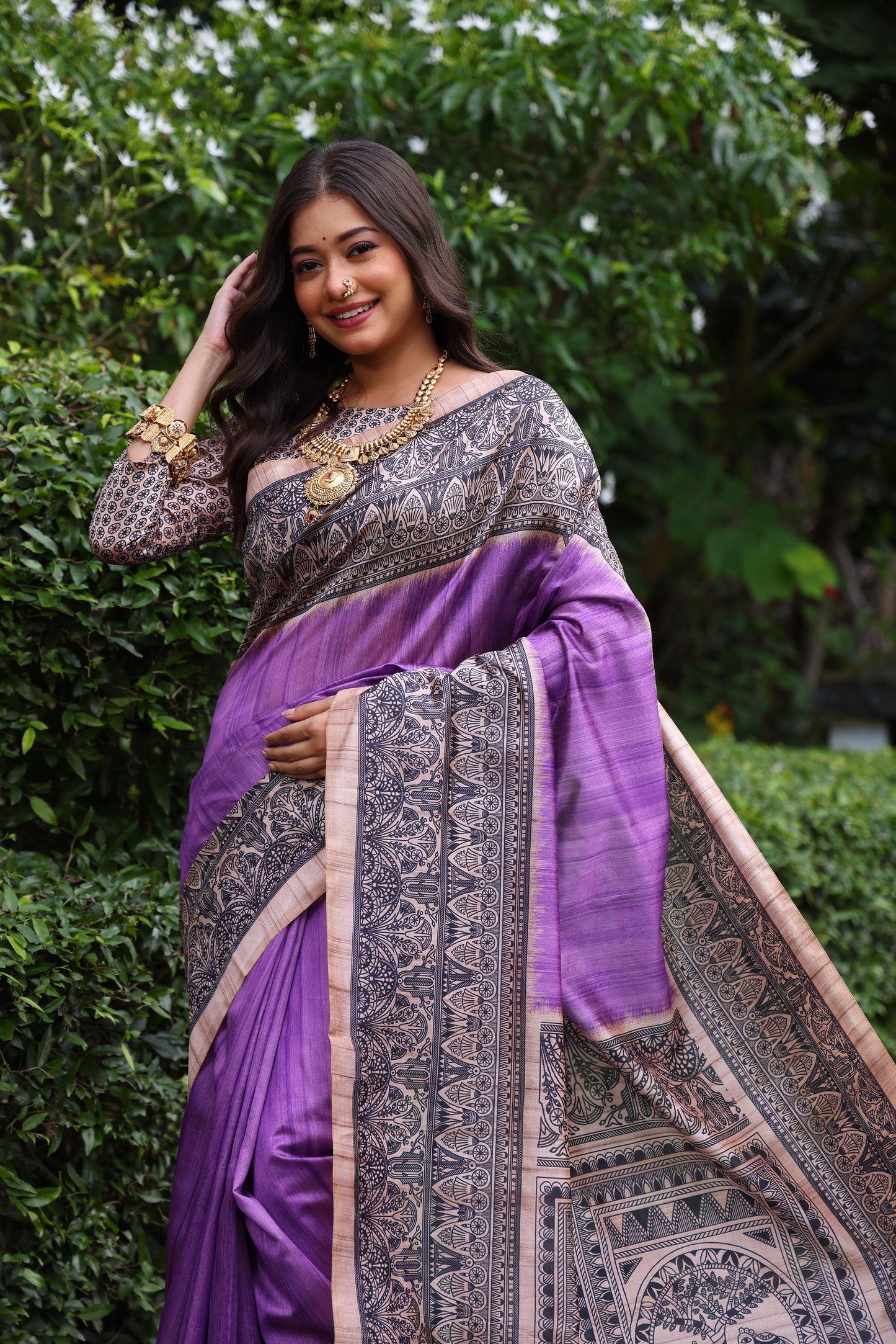 Purple Tussar Silk Madhubani Printed Saree
