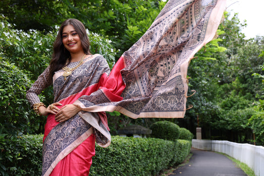 Red Tussar Silk Madhubani Printed Saree