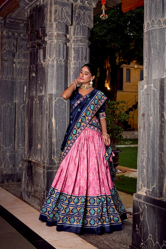 Blue Tussar Silk Ikkat Printed Semi Stitched Lehenga Set