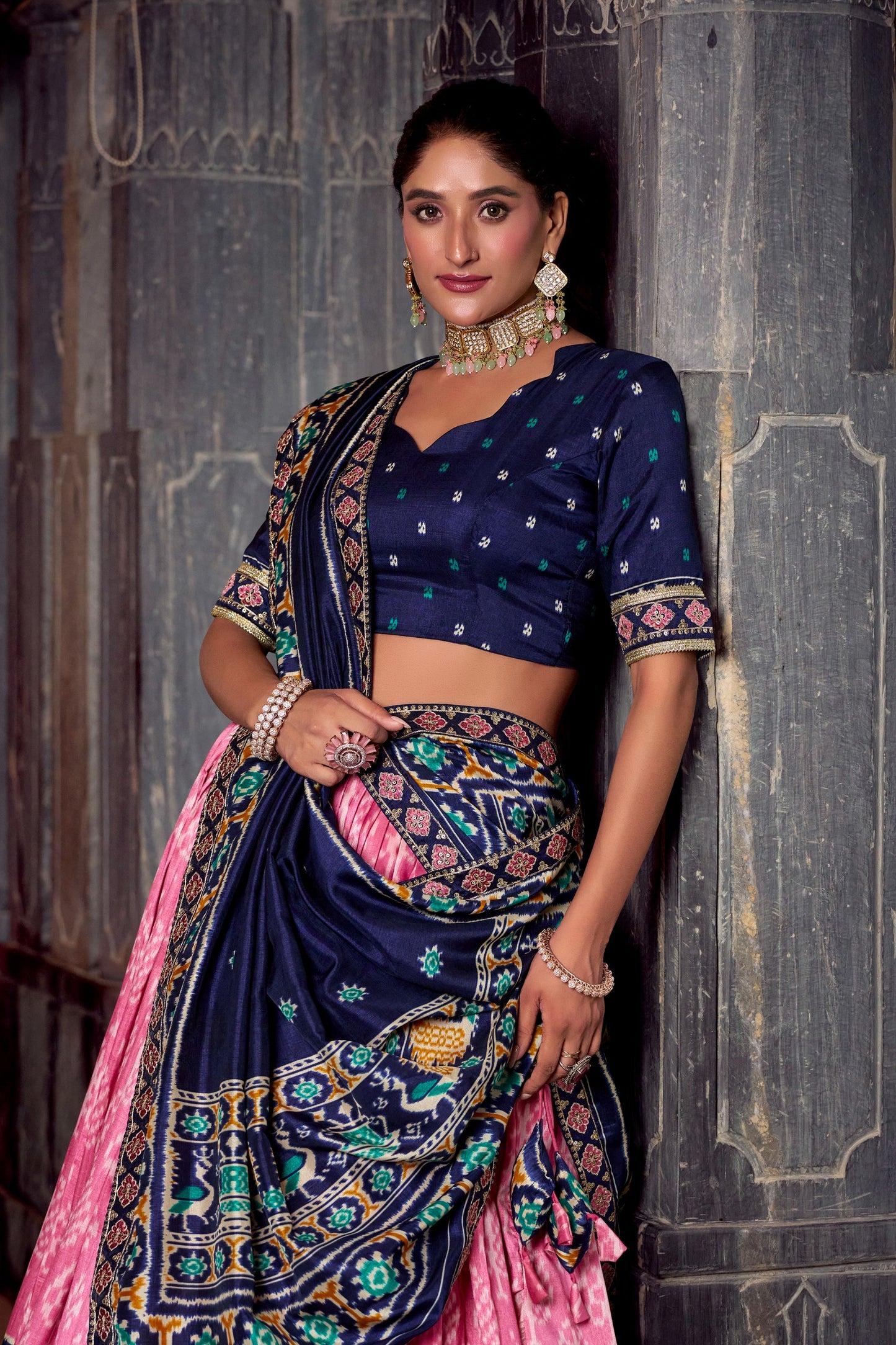 Blue Tussar Silk Ikkat Printed Semi Stitched Lehenga Set