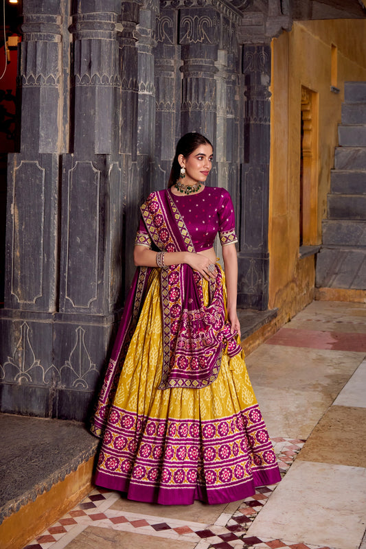 Burgundy Tussar Silk Ikkat Printed Semi Stitched Lehenga Set