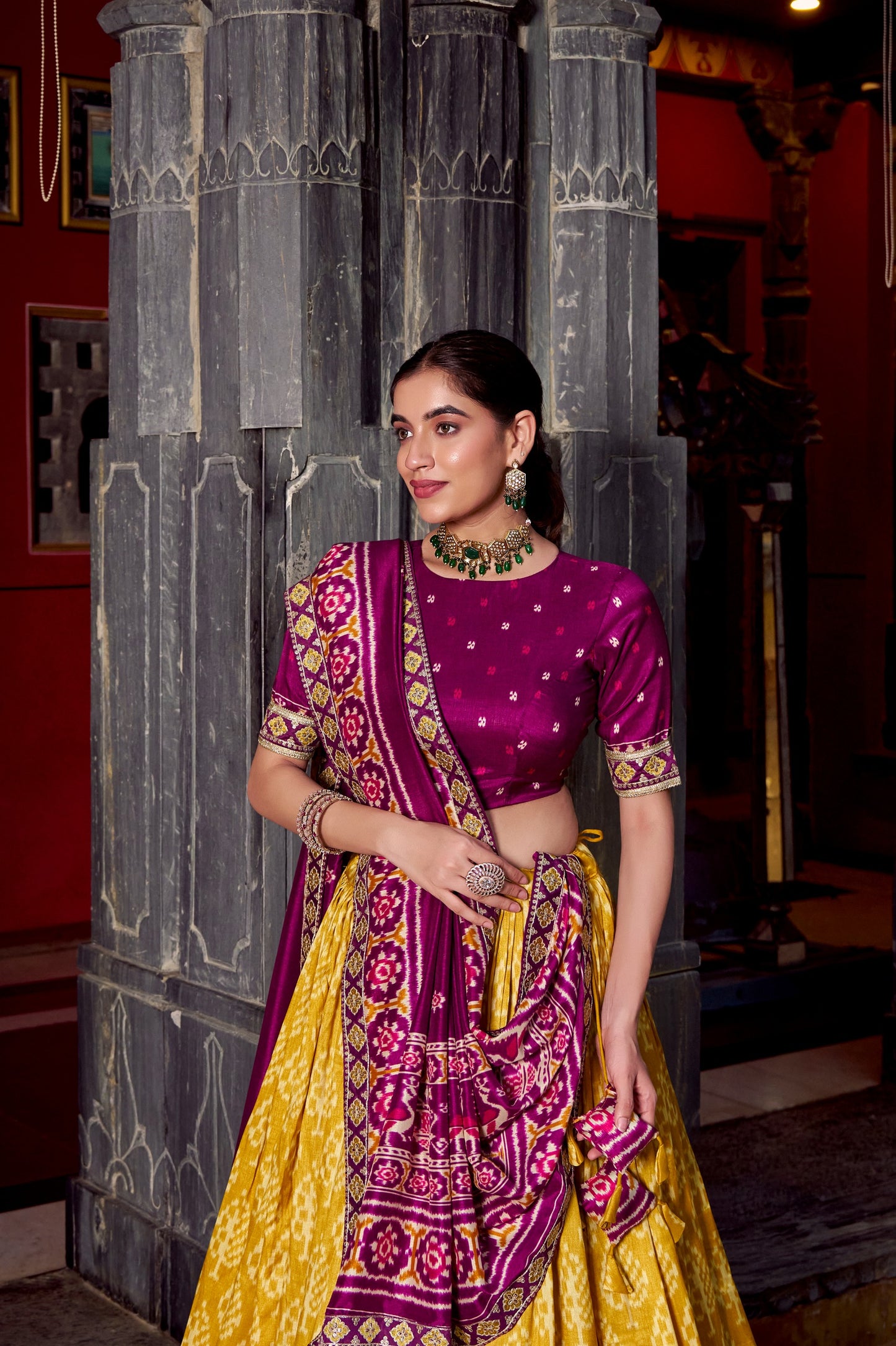 Burgundy Tussar Silk Ikkat Printed Semi Stitched Lehenga Set