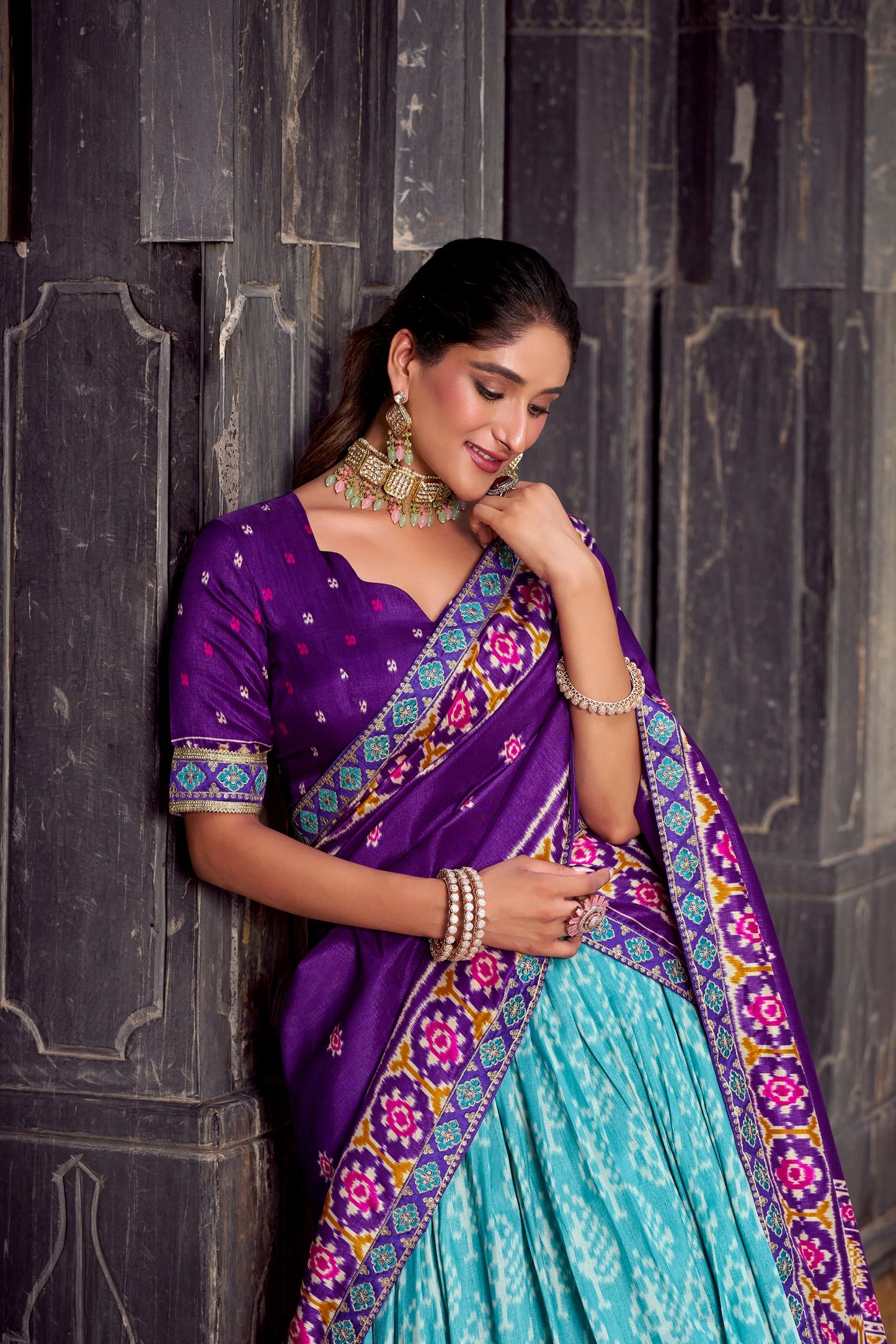 Purple Tussar Silk Ikkat Printed Semi Stitched Lehenga Set