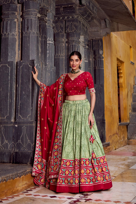 Red Tussar Silk Ikkat Printed Semi Stitched Lehenga Set