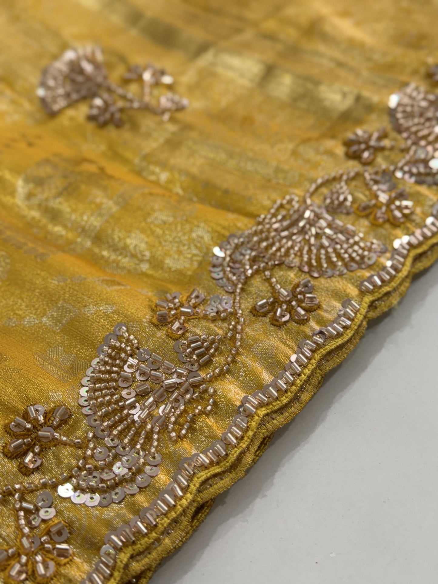 Yellow Banarasi Silk Saree with Woven Hand Work - Close-up Embroidery